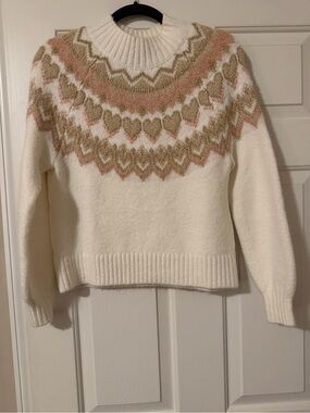 Ann Taylor Loft Women’s Cream Fair Isle Heart Yoke Sweater in perfect condition
